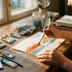 Teenager malt mit Aquarellfarben auf strukturiertem Papier, orange und blaue Pinselstriche, Malutensilien auf Holztisch