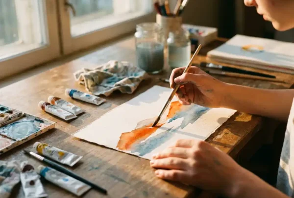 Teenager malt mit Aquarellfarben auf strukturiertem Papier, orange und blaue Pinselstriche, Malutensilien auf Holztisch