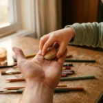 Kindliche Hand legt bemalten bunten Stein in die offene Handfläche einer Betreuungsperson, warmes Nachmittagslicht, Holztisch mit Malutensilien.