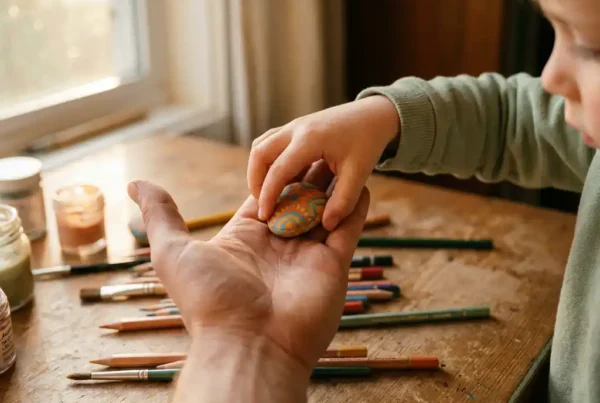 Kindliche Hand legt bemalten bunten Stein in die offene Handfläche einer Betreuungsperson, warmes Nachmittagslicht, Holztisch mit Malutensilien.