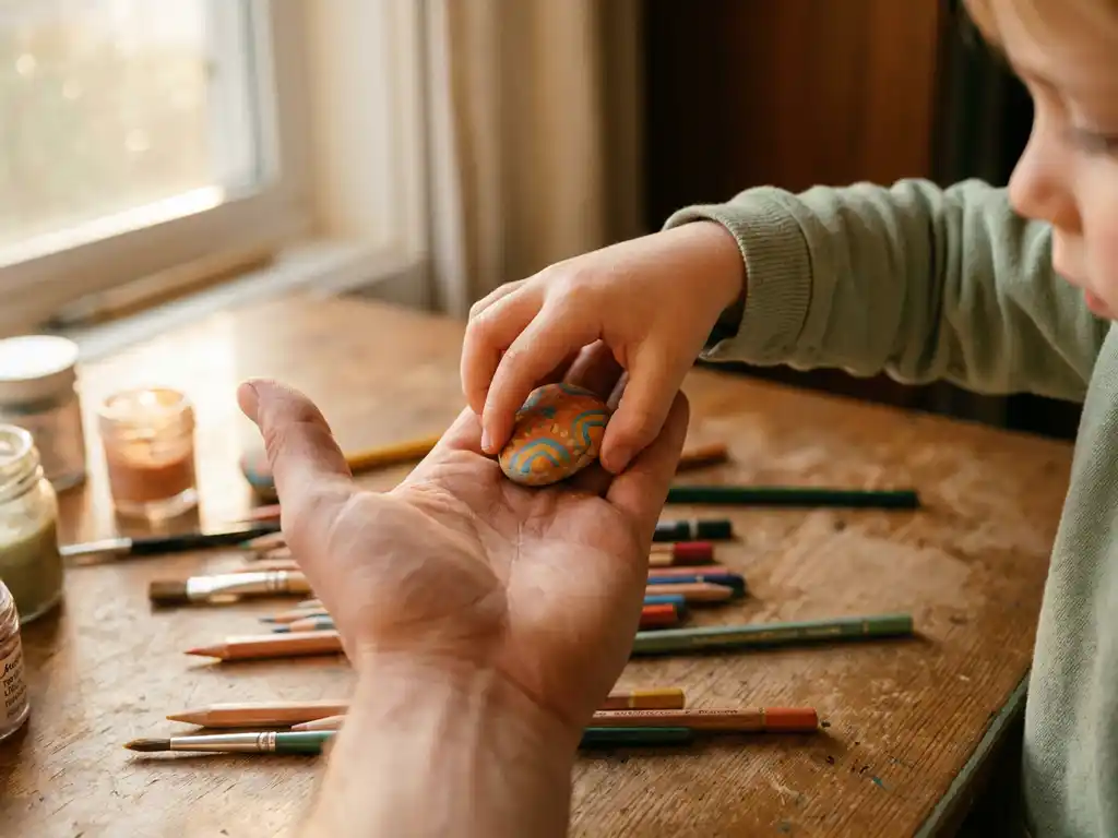 Kindliche Hand legt bemalten bunten Stein in die offene Handfläche einer Betreuungsperson, warmes Nachmittagslicht, Holztisch mit Malutensilien.