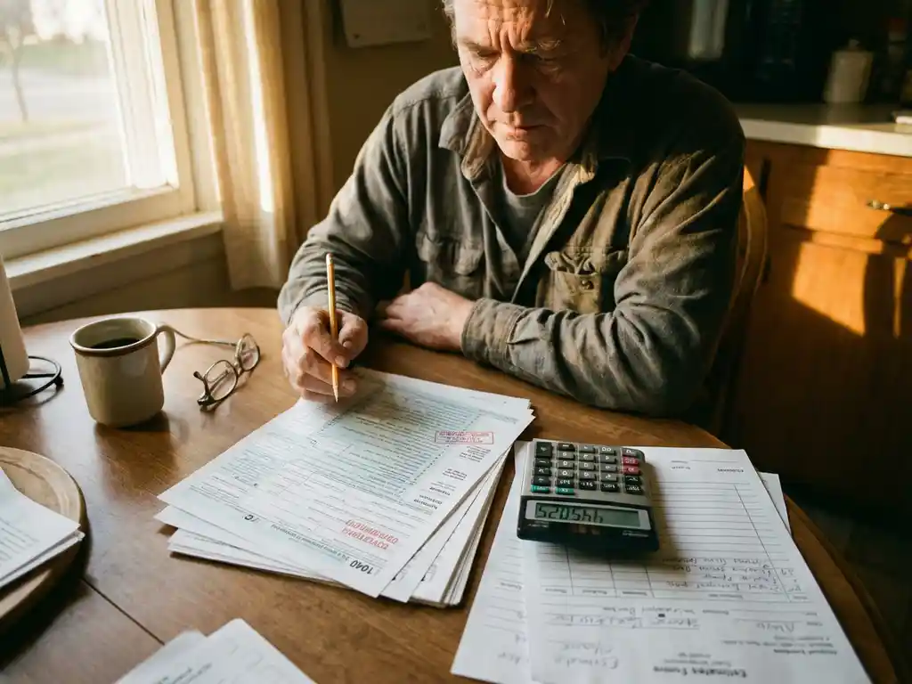 Besorgte Eltern prüfen Regierungsdokumente und Kostenvoranschläge am Küchentisch mit Taschenrechner und Brille