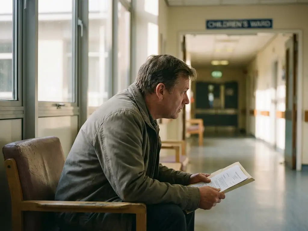 Besorgter Elternteil mit Rechtsdokumenten im Krankenhaus-Wartezimmer, blickt Richtung Kinderstation
