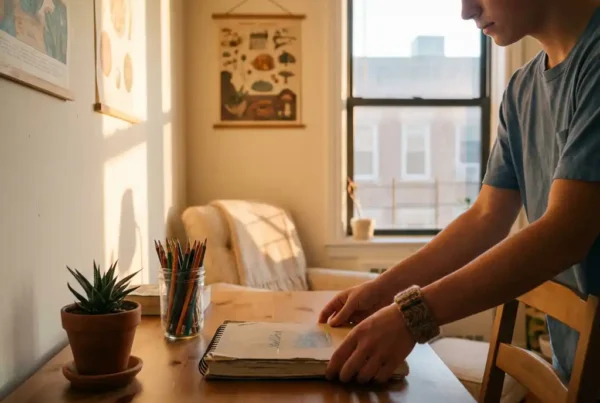 Junge Hände ordnen persönliche Gegenstände in hellem Apartment mit Sonnenlicht durch große Fenster auf Holzschreibtisch