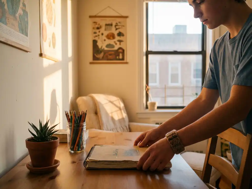 Junge Hände ordnen persönliche Gegenstände in hellem Apartment mit Sonnenlicht durch große Fenster auf Holzschreibtisch