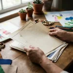 Hände eines Pädagogen halten Bildungszertifikate auf Holzschreibtisch mit Kinderkunstwerken und Lernmaterialien