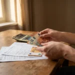 Junge Person zählt Euro-Scheine am Holztisch mit Dokumenten und Taschenrechner im warmen Nachmittagslicht
