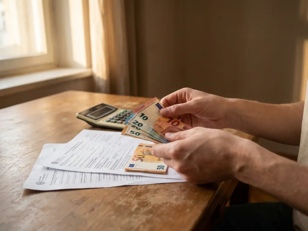 Junge Person zählt Euro-Scheine am Holztisch mit Dokumenten und Taschenrechner im warmen Nachmittagslicht