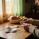 Junge Hände zählen Euro-Scheine und Münzen auf Holztisch neben Brot und Obst in gemütlichem Wohnheim