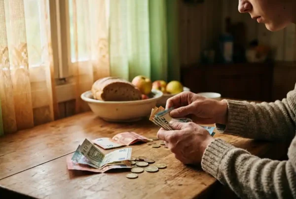 Junge Hände zählen Euro-Scheine und Münzen auf Holztisch neben Brot und Obst in gemütlichem Wohnheim