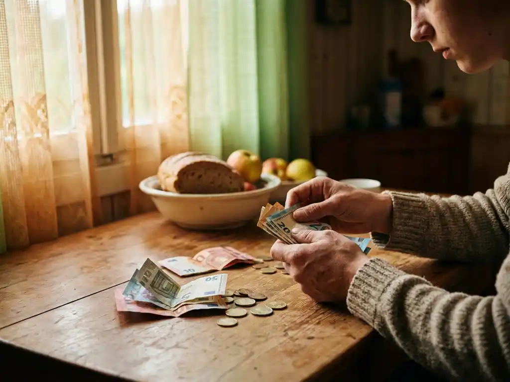Junge Hände zählen Euro-Scheine und Münzen auf Holztisch neben Brot und Obst in gemütlichem Wohnheim