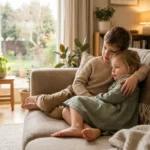 Zwei Kinder kuscheln auf beigem Sofa im modernen Wohnzimmer, älteres Geschwister umarmt jüngeres schützend