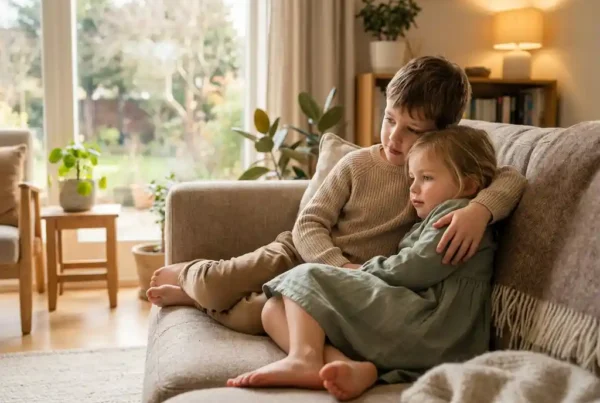 Zwei Kinder kuscheln auf beigem Sofa im modernen Wohnzimmer, älteres Geschwister umarmt jüngeres schützend