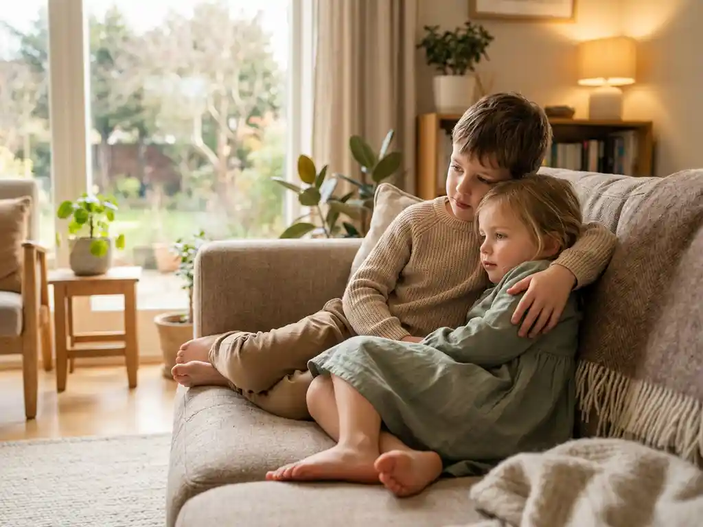 Zwei Kinder kuscheln auf beigem Sofa im modernen Wohnzimmer, älteres Geschwister umarmt jüngeres schützend
