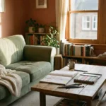 Gemütliches Wohnzimmer mit Bücherregal, Sofa und Holztisch mit Skizzenbuch und Buntstiften im warmen Nachmittagslicht.