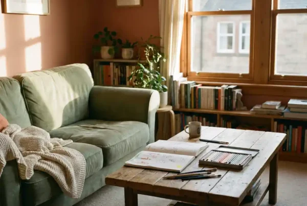 Gemütliches Wohnzimmer mit Bücherregal, Sofa und Holztisch mit Skizzenbuch und Buntstiften im warmen Nachmittagslicht.