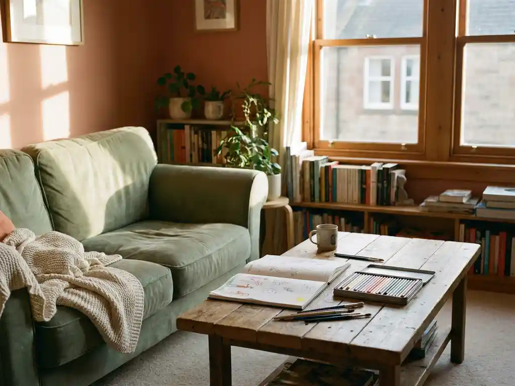 Gemütliches Wohnzimmer mit Bücherregal, Sofa und Holztisch mit Skizzenbuch und Buntstiften im warmen Nachmittagslicht.