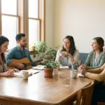 Diverse Fachkräfte sitzen um Holzkonferenztisch im Jugendzentrum, Sozialarbeiterin mit Akten, Musiktherapeut mit Gitarre