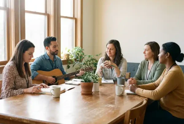 Diverse Fachkräfte sitzen um Holzkonferenztisch im Jugendzentrum, Sozialarbeiterin mit Akten, Musiktherapeut mit Gitarre