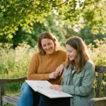 Erwachsener Berater und Teenager sitzen auf einer sonnigen Parkbank und betrachten gemeinsam ein Skizzenbuch, warmes Nachmittagslicht.