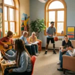 Fünf junge Menschen bei verschiedenen Aktivitäten in hellem Gemeindezentrum - malen, Gitarre spielen, lernen mit Mentor