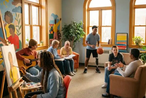 Fünf junge Menschen bei verschiedenen Aktivitäten in hellem Gemeindezentrum - malen, Gitarre spielen, lernen mit Mentor