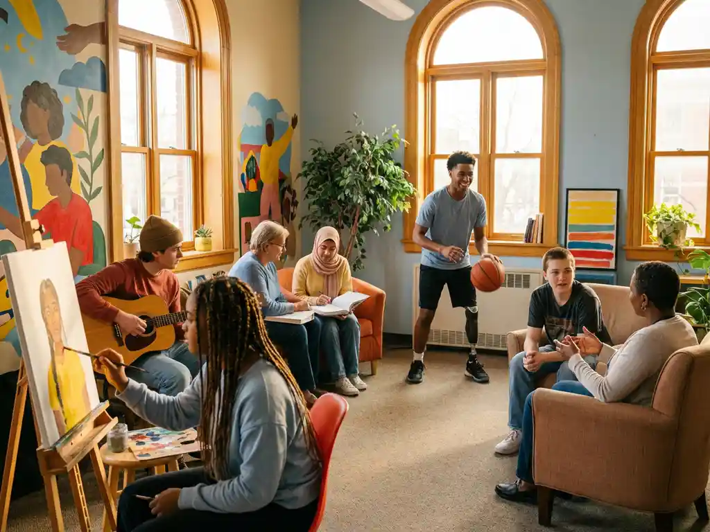 Fünf junge Menschen bei verschiedenen Aktivitäten in hellem Gemeindezentrum - malen, Gitarre spielen, lernen mit Mentor