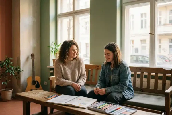 Jugendbetreuerin und Teenager sitzen auf einer Holzbank in einem Berliner Gemeinschaftsraum mit Skizzenbuch und Malutensilien im Nachmittagslicht.
