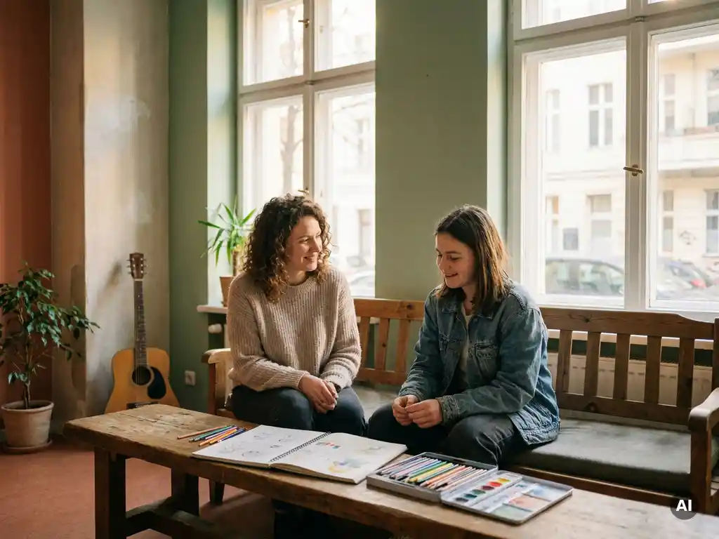 Jugendbetreuerin und Teenager sitzen auf einer Holzbank in einem Berliner Gemeinschaftsraum mit Skizzenbuch und Malutensilien im Nachmittagslicht.