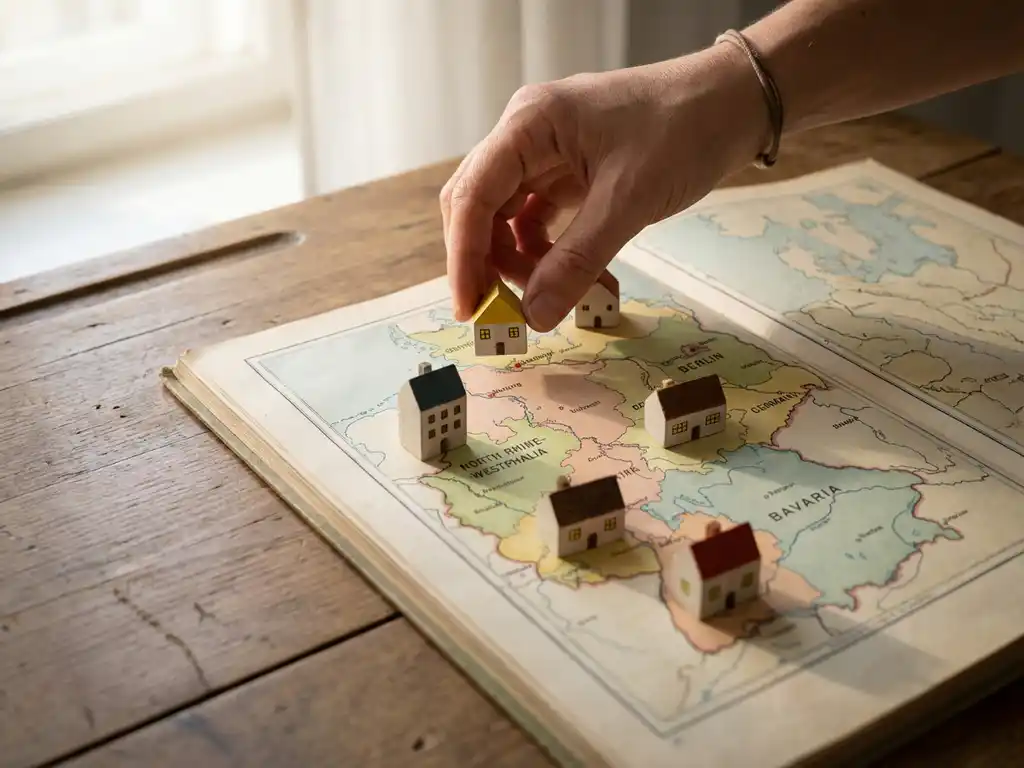 Hand platziert Miniaturhaus auf Deutschland-Karte mit Modellen von Jugendhilfeeinrichtungen auf Holztisch