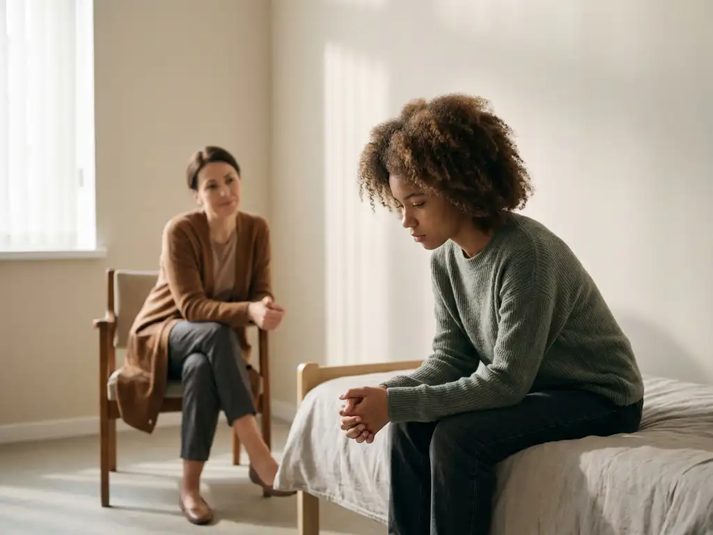 Nachdenkliche Teenagerin sitzt auf Bett in Beratungsraum, Beraterin sitzt respektvoll entfernt, warmes natürliches Licht