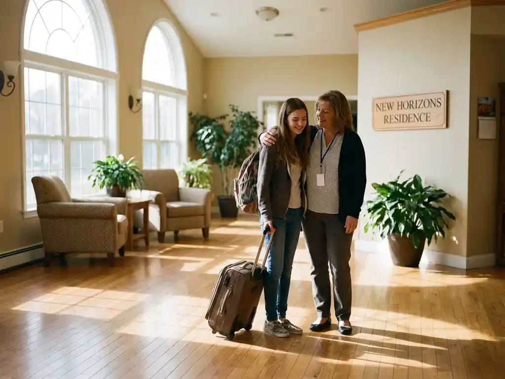 Jugendliche mit Koffer und Sozialarbeiterin betreten helle Eingangshalle einer Wohneinrichtung mit Holzboden und Pflanzen