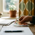Jugendliche Hand zählt Euro-Geldscheine auf Holztisch mit Dokumenten und Stift für Finanzplanung