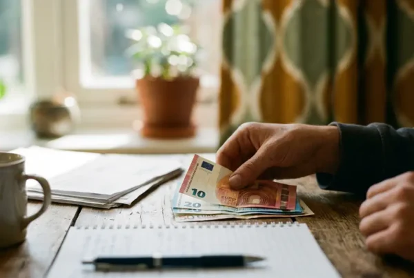 Jugendliche Hand zählt Euro-Geldscheine auf Holztisch mit Dokumenten und Stift für Finanzplanung