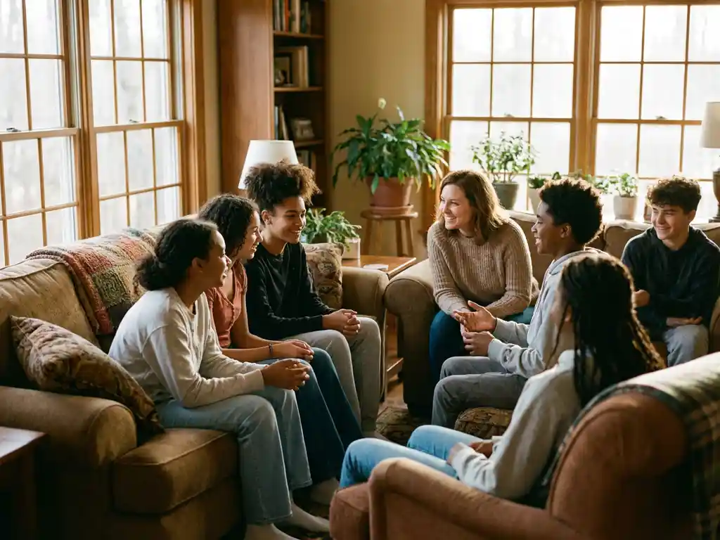 Diverse Jugendliche sitzen mit Betreuer im gemütlichen Gruppenheim-Wohnzimmer bei warmem Nachmittagslicht