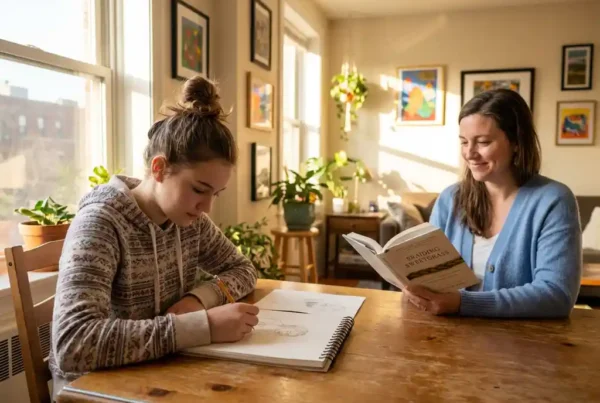 Teenager zeichnet konzentriert in Skizzenbuch am Küchentisch, während Mentorin daneben liest, warmes Sonnenlicht durchflutet gemütliche Wohnung