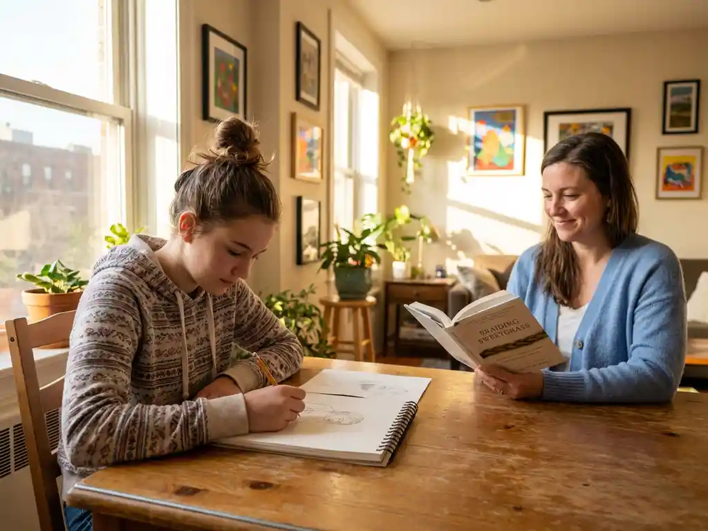 Teenager zeichnet konzentriert in Skizzenbuch am Küchentisch, während Mentorin daneben liest, warmes Sonnenlicht durchflutet gemütliche Wohnung
