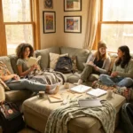 Diverse Teenager-Gruppe entspannt auf Sofa in sonnigem Wohnzimmer beim Lesen und Unterhalten, Rucksäcke und Kunstmaterial verstreut