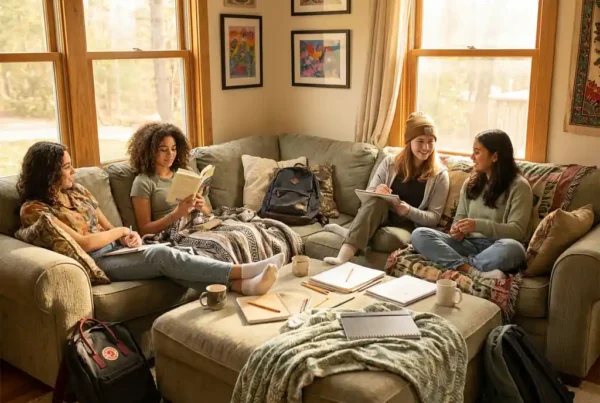 Diverse Teenager-Gruppe entspannt auf Sofa in sonnigem Wohnzimmer beim Lesen und Unterhalten, Rucksäcke und Kunstmaterial verstreut