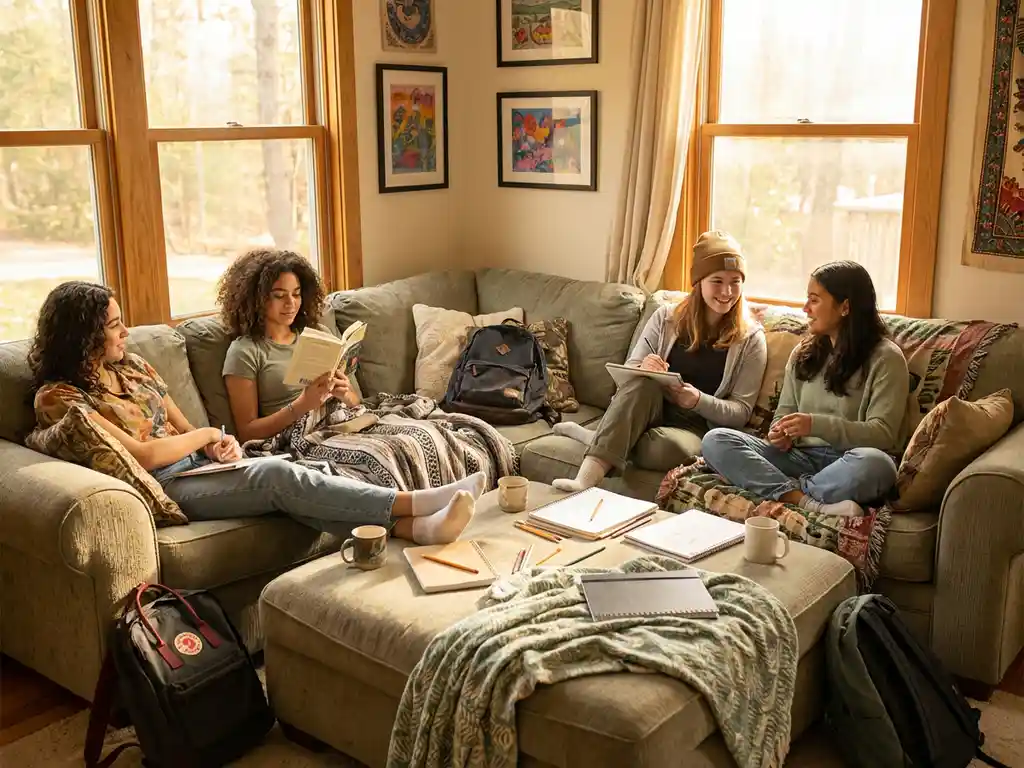 Diverse Teenager-Gruppe entspannt auf Sofa in sonnigem Wohnzimmer beim Lesen und Unterhalten, Rucksäcke und Kunstmaterial verstreut