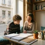 Jugendlicher und Berater besprechen Dokumente an einem aufgeräumten Schreibtisch in einer Berliner Wohnung, warmes Nachmittagslicht.
