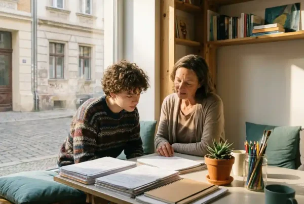 Jugendlicher und Berater besprechen Dokumente an einem aufgeräumten Schreibtisch in einer Berliner Wohnung, warmes Nachmittagslicht.