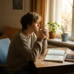 Teenager sitzt allein an einem Holzschreibtisch in einer Berliner Wohnung, hält eine Tasse, Skizzenbuch und Buntstifte daneben.