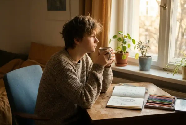 Teenager sitzt allein an einem Holzschreibtisch in einer Berliner Wohnung, hält eine Tasse, Skizzenbuch und Buntstifte daneben.