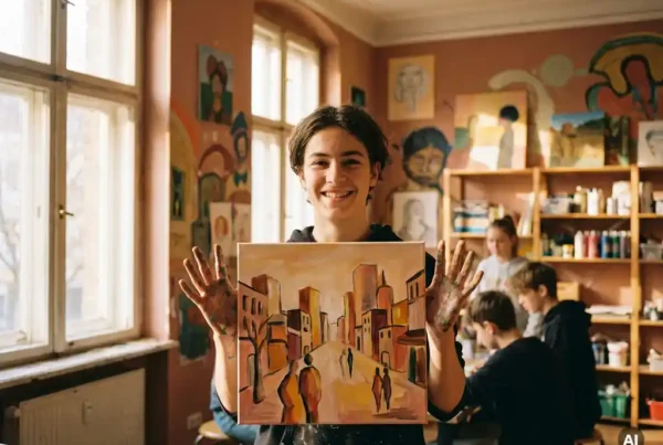 Teenager hält stolz ein frisch fertiggestelltes Gemälde in einem Berliner Jugendzentrum mit bunten Kunstwerken an den Wänden.