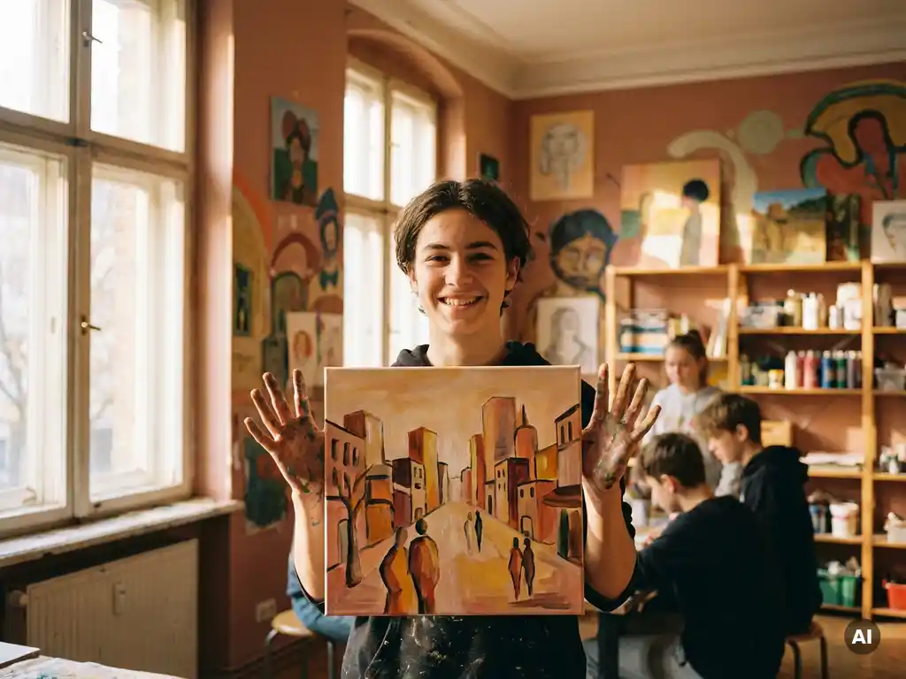 Teenager hält stolz ein frisch fertiggestelltes Gemälde in einem Berliner Jugendzentrum mit bunten Kunstwerken an den Wänden.