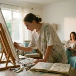 Jugendlicher malt konzentriert auf einer großen Leinwand in einem hellen Wohnzimmer, Kunstmaterialien und Skizzenbuch daneben, erwachsene Begleitperson im Hintergrund.