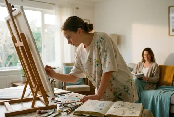 Jugendlicher malt konzentriert auf einer großen Leinwand in einem hellen Wohnzimmer, Kunstmaterialien und Skizzenbuch daneben, erwachsene Begleitperson im Hintergrund.