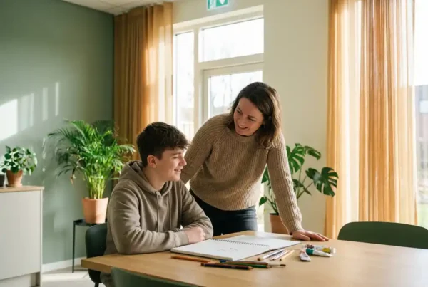 Erwachsener Mentor und Teenager an einem Tisch mit Skizzenbuch und Kunstmaterial in einer hellen Jugendeinrichtung.