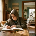 Teenager am Holztisch in einer Wohngruppe, Skizzenbuch offen, bunte Stifte verstreut, warmes Fensterlicht, geborgene Atmosphäre.